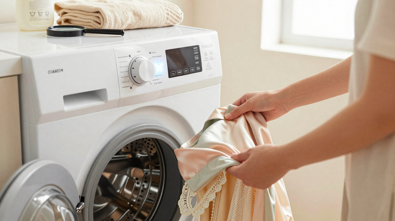 Person loading delicate satin and lace fabric into a white front-loading washing machine in a bright laundry room.