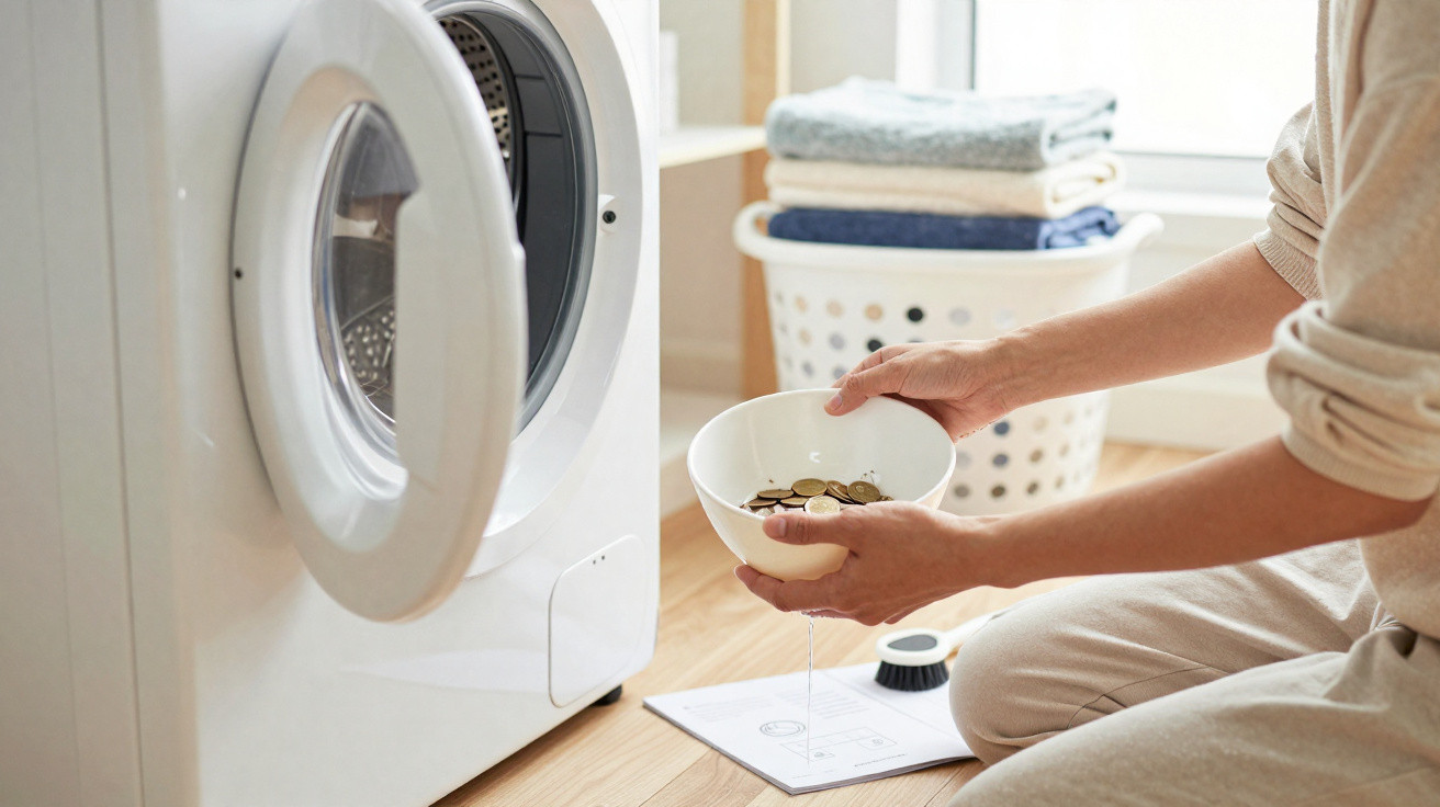 Person holding a bowl of coins beside an open washing machine in a laundry room with folded clothes.