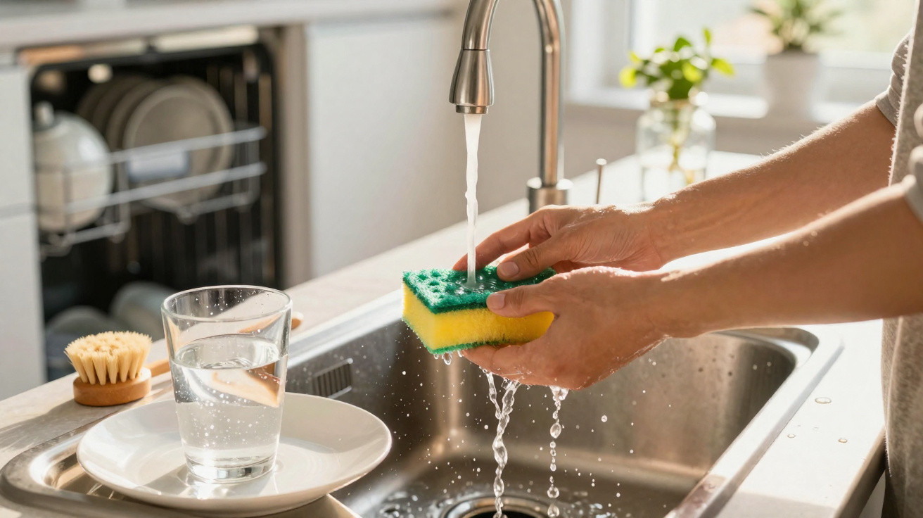 Person rinsing a green and yellow sponge under running water in a kitchen sink next to a glass of water on a plate.