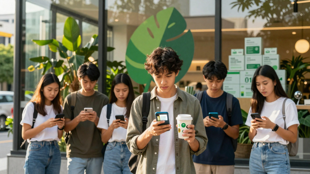 Group of young people standing outside, all focused on their smartphones, one holding a takeaway coffee cup.