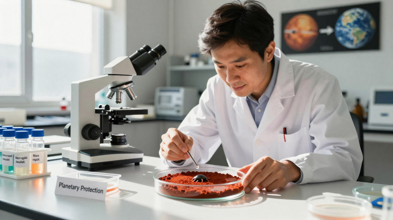 Scientist in a lab coat examining a red soil sample in a petri dish under a microscope labelled Planetary Protection.