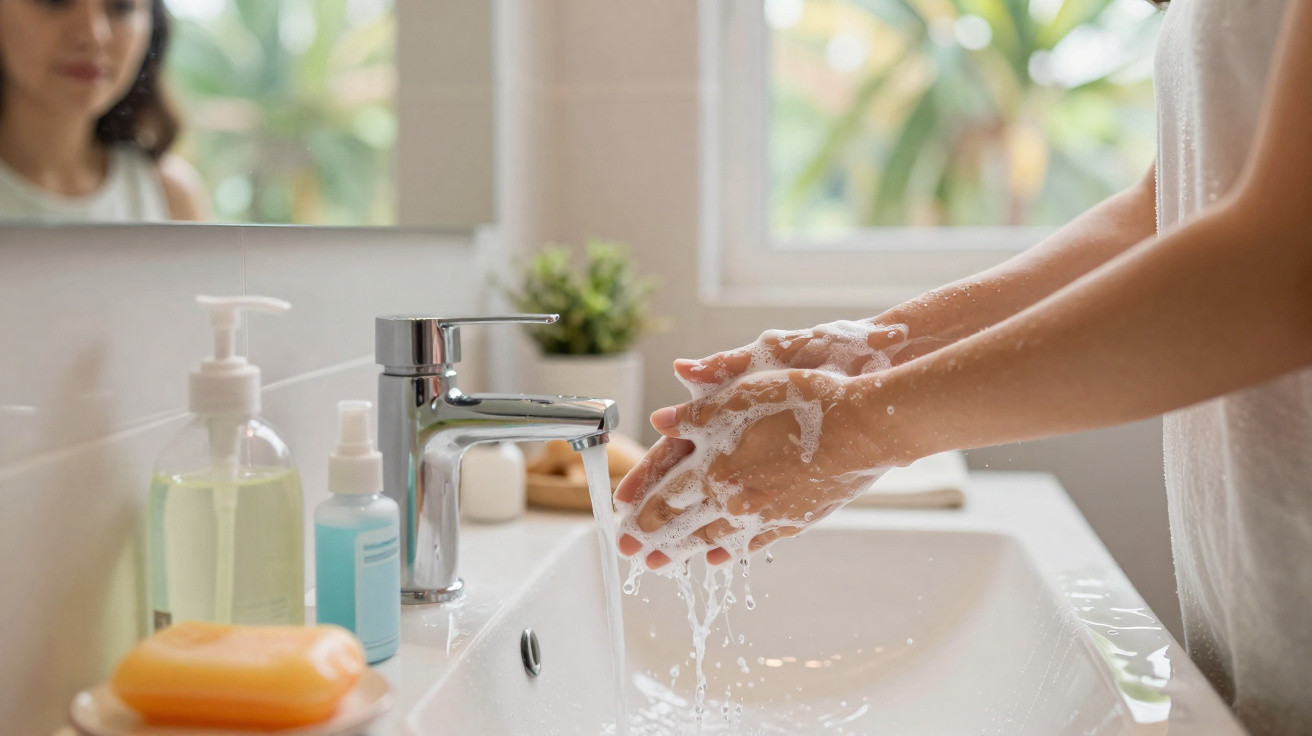 Person washing hands with soap and water at a bathroom sink with a mirror and toiletries nearby