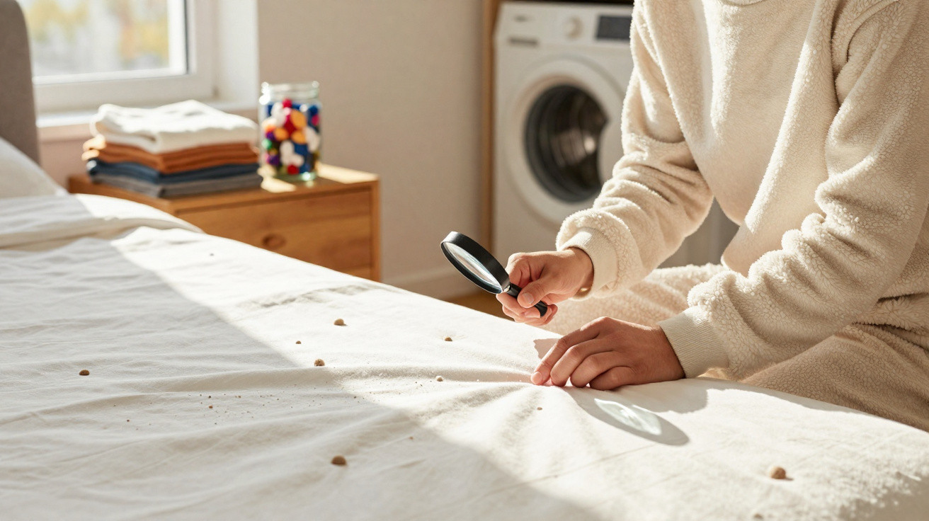 Person in cosy clothing using a magnifying glass to inspect crumbs on a white bed sheet in a bright bedroom.