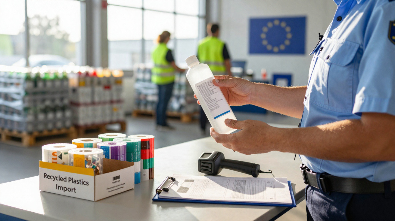 Person inspecting a plastic bottle near a box labelled "Recycled Plastics Import" in a warehouse with workers in high-visibil