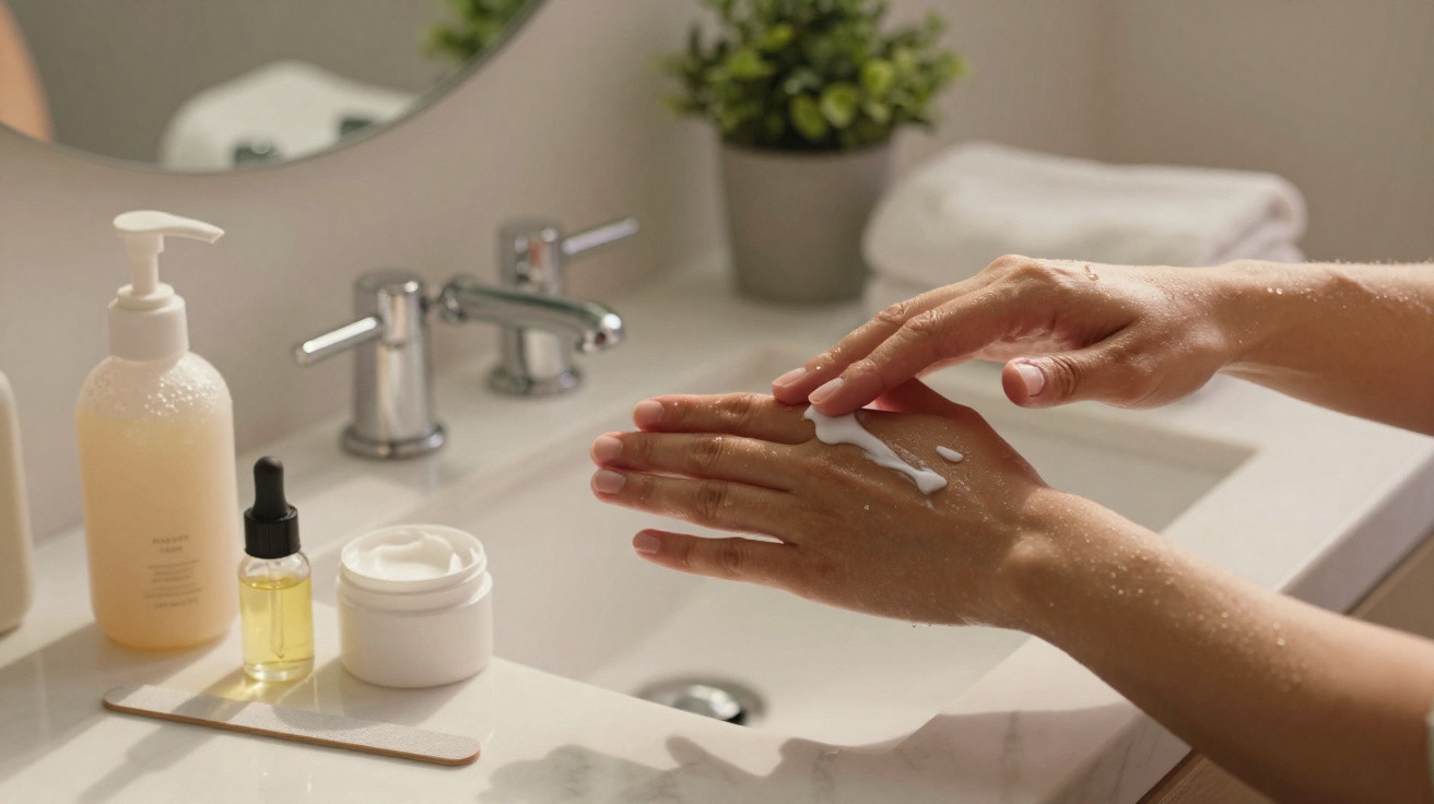Person applying cream on the back of their hand over a bathroom sink with skincare products nearby.