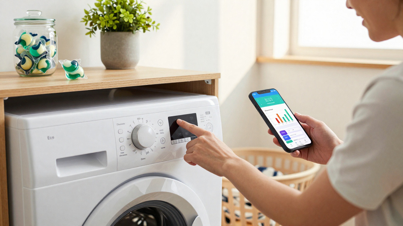 Person using smartphone app to control a modern front-loading washing machine in a bright laundry room.