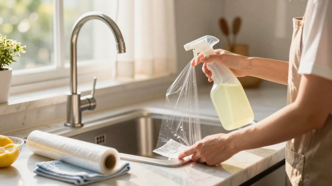 Person spraying disinfectant on a plastic bag over a kitchen sink with a roll of paper towels nearby.