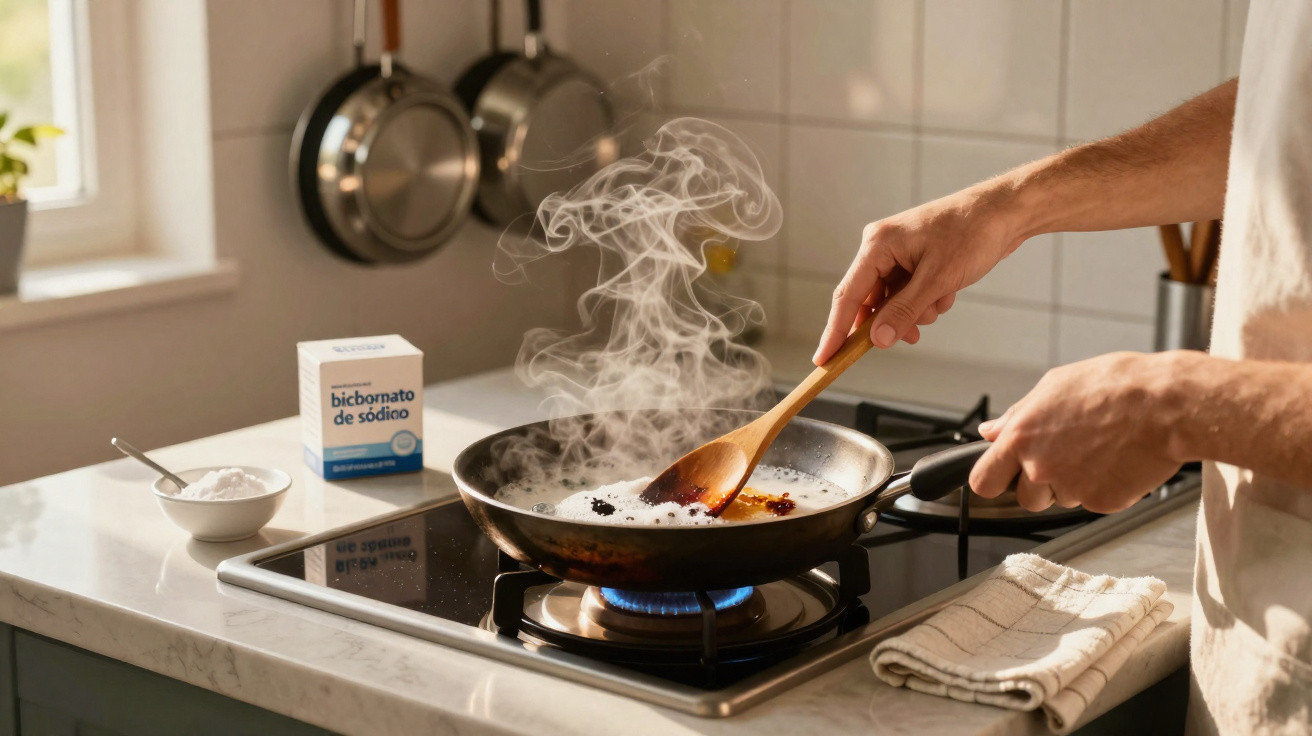 Hands stirring food with a wooden spoon in a steaming frying pan on a gas stove in a kitchen.