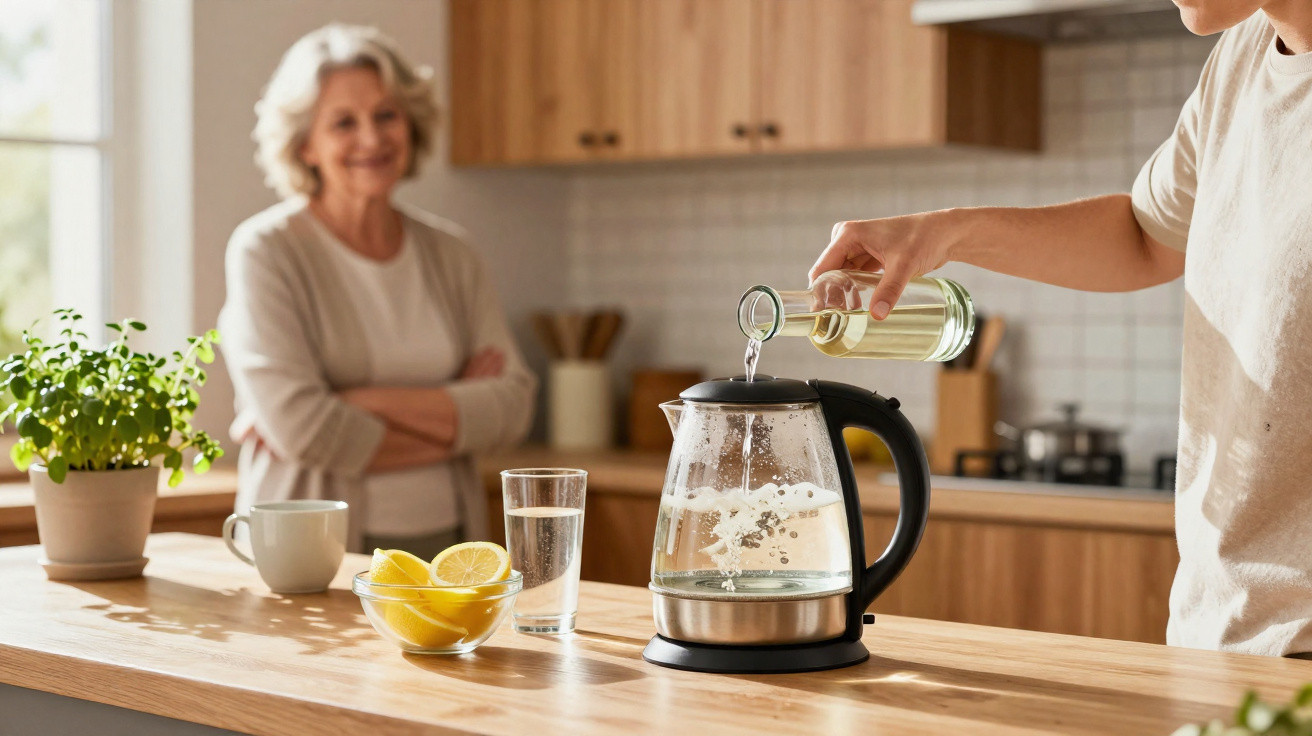 Person pouring liquid into an electric kettle on a kitchen counter with a smiling elderly woman nearby.