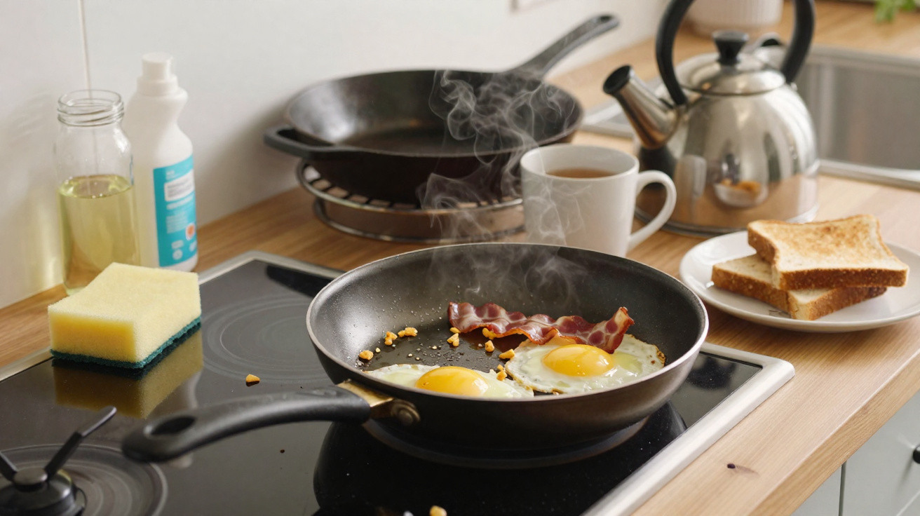 Frying pan with two sunny-side-up eggs and bacon cooking on a stovetop with toast, tea, and kettle nearby.
