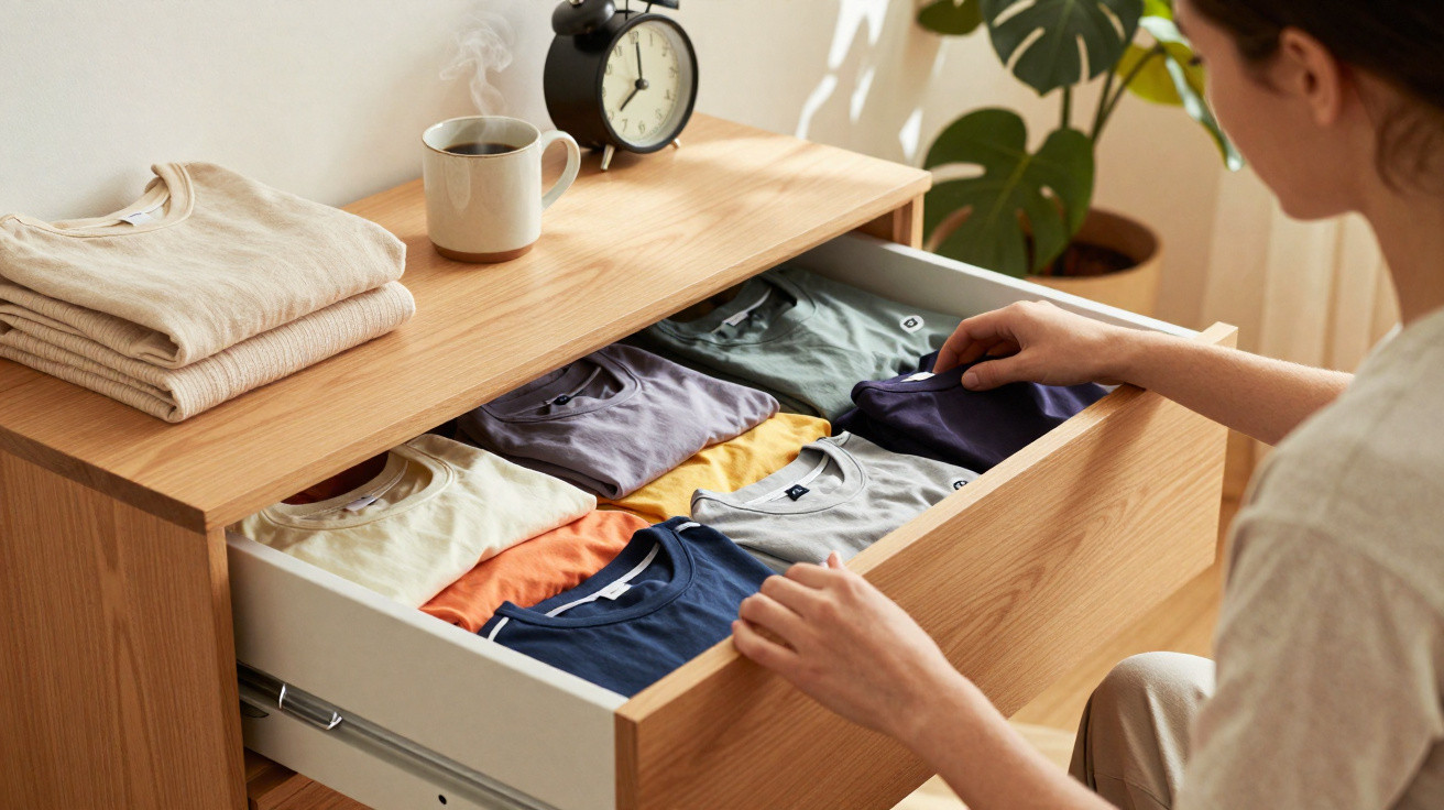 Person organising colourful folded t-shirts in a wooden drawer next to folded sweaters, clock, and steaming mug.