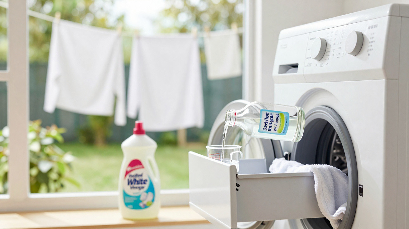 Person pouring vinegar from a glass bottle into a washing machine detergent drawer with white laundry drying outside.