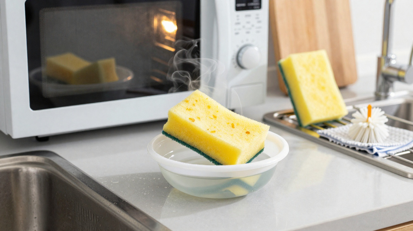 Steaming yellow and green kitchen sponge in a bowl on a counter next to a microwave and sink.