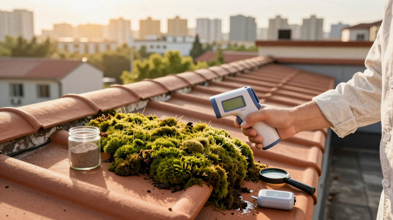 Hand holding a digital infrared thermometer aimed at moss on a tiled roof at sunset.