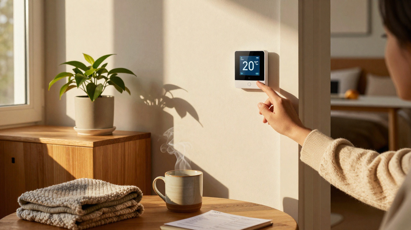Person adjusting smart thermostat set at 20°C in cozy room with steaming mug, knitted clothes, and potted plant.