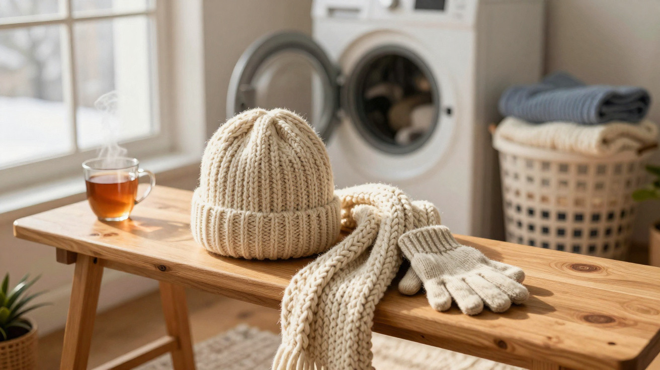 Knitted hat, scarf, and gloves on wooden bench with steaming cup and washing machine in background.