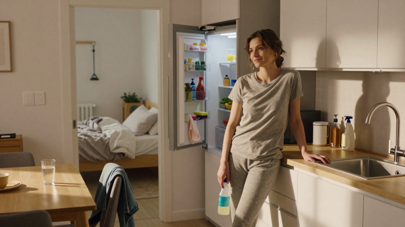 Woman in grey loungewear standing in a kitchen by an open fridge holding a spray bottle, with a bedroom visible in the backgr