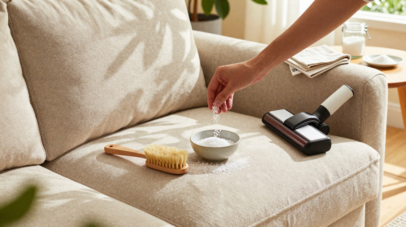 Hand sprinkling white powder on beige sofa with brush and vacuum cleaner nozzle nearby in sunlit room.