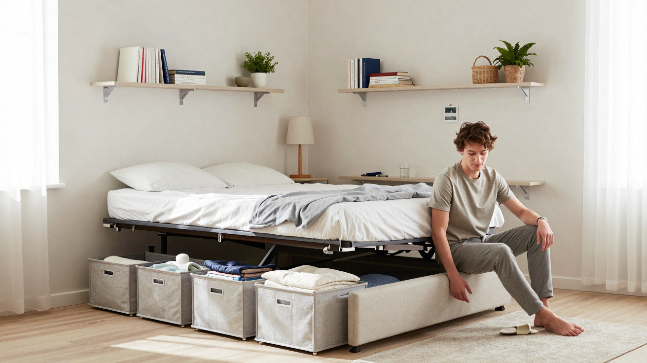 Young man sitting on a bed with pull-out storage drawers in a bright, minimalist bedroom.