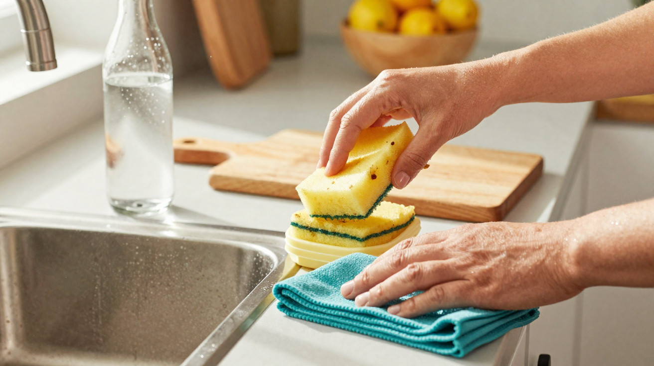 Hands organising yellow and green sponges and a blue cloth near a kitchen sink with a wooden cutting board in the background.