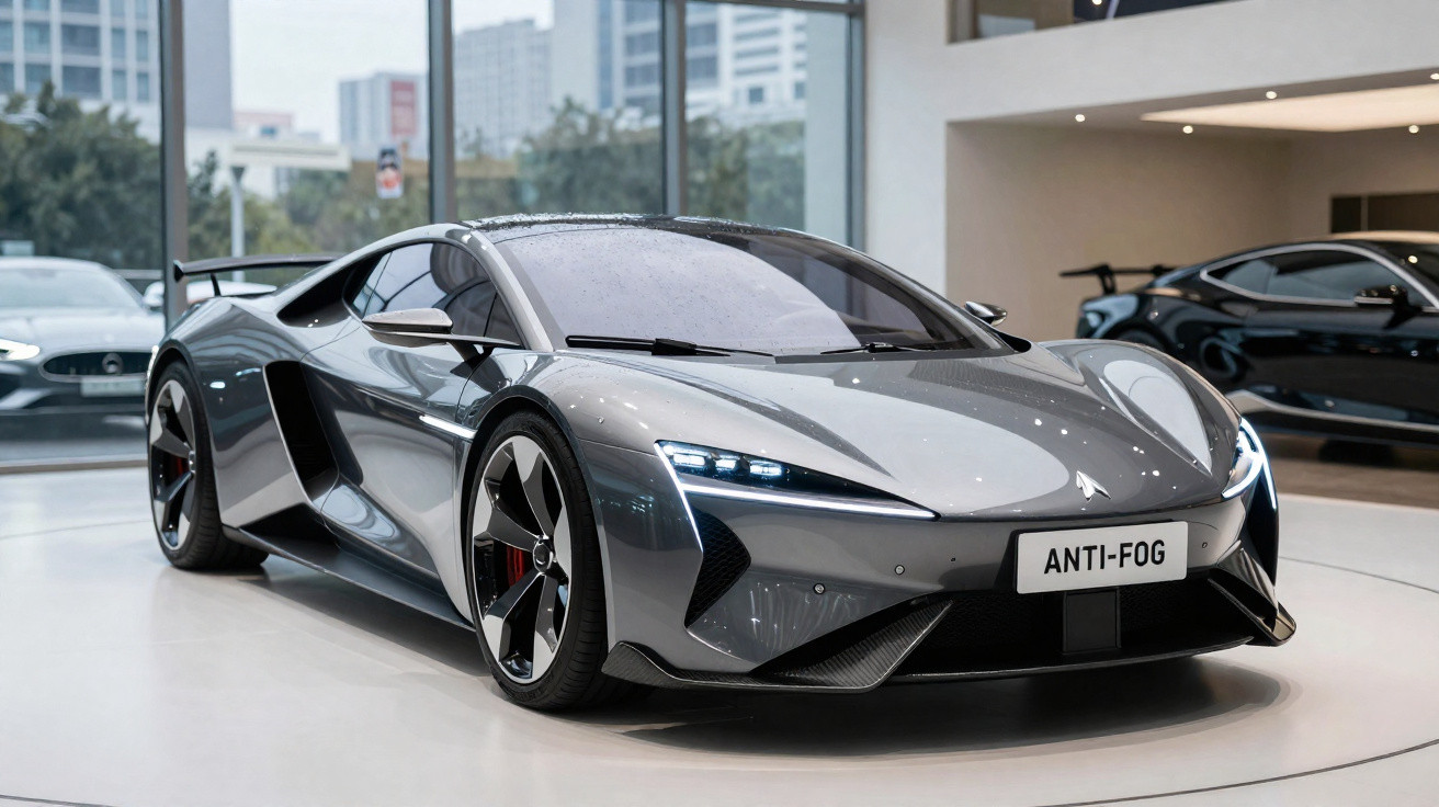 Sleek silver sports car with aerodynamic design displayed inside a showroom with large windows.