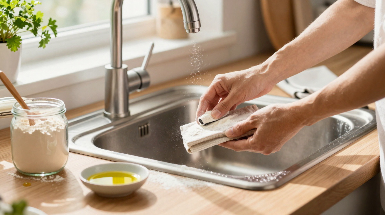 Hands sprinkling flour over a kitchen sink with a jar of flour and a bowl of olive oil on the counter.