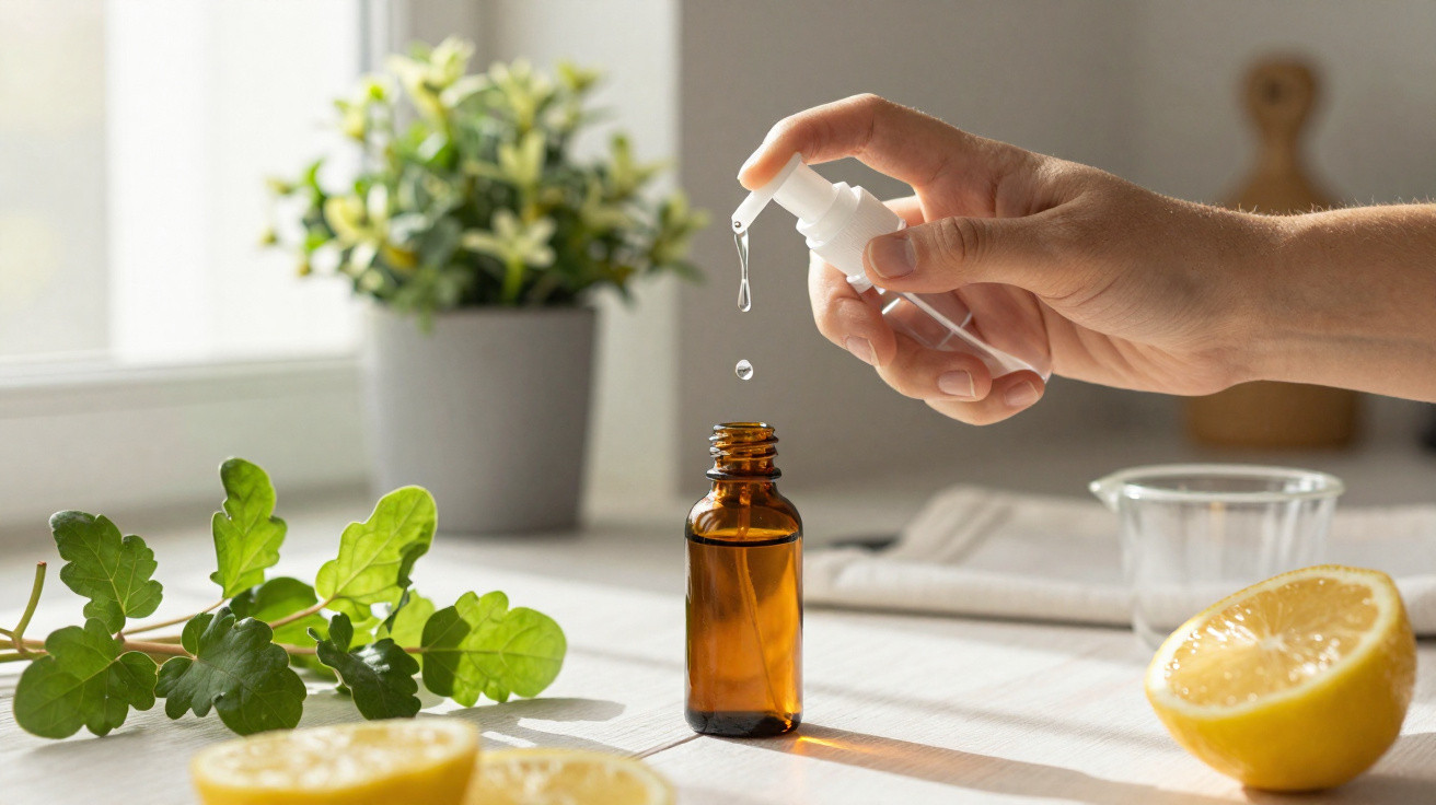 Hand dispensing liquid from a dropper into a brown glass bottle on a table with lemon halves and green leaves.