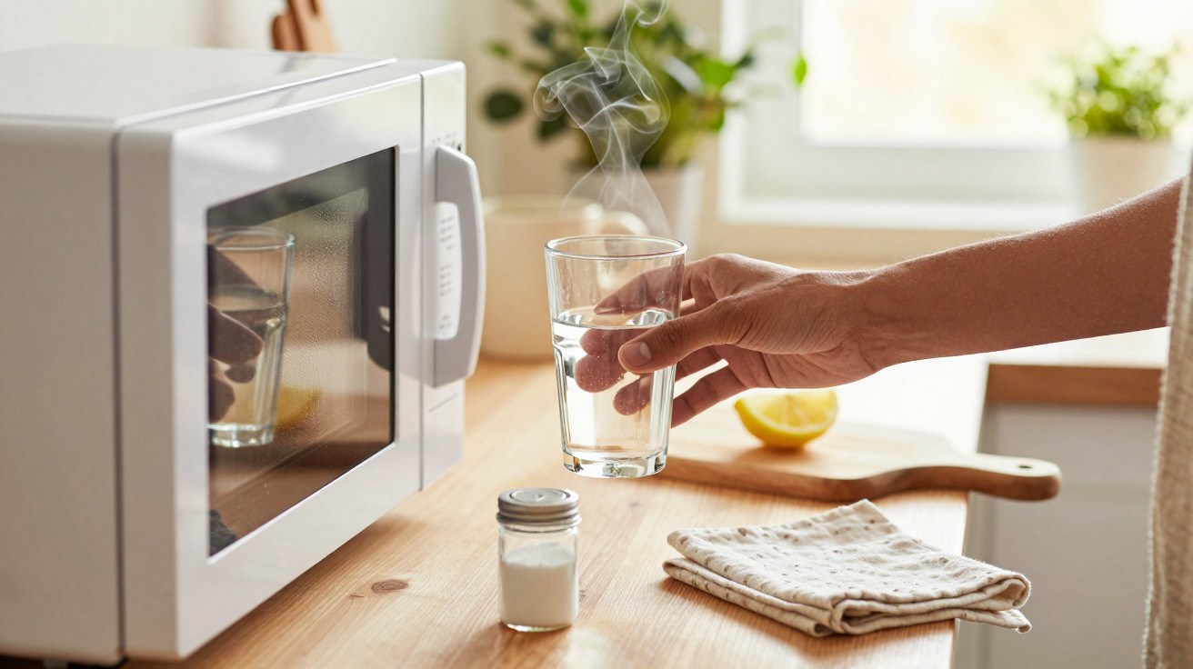 Hand holding a steaming glass of hot water next to a microwave on a wooden kitchen countertop.