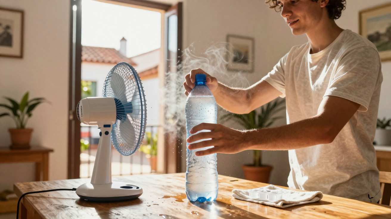Person holding a mist-sprayed water bottle in front of a fan on a wooden table in a sunlit room.
