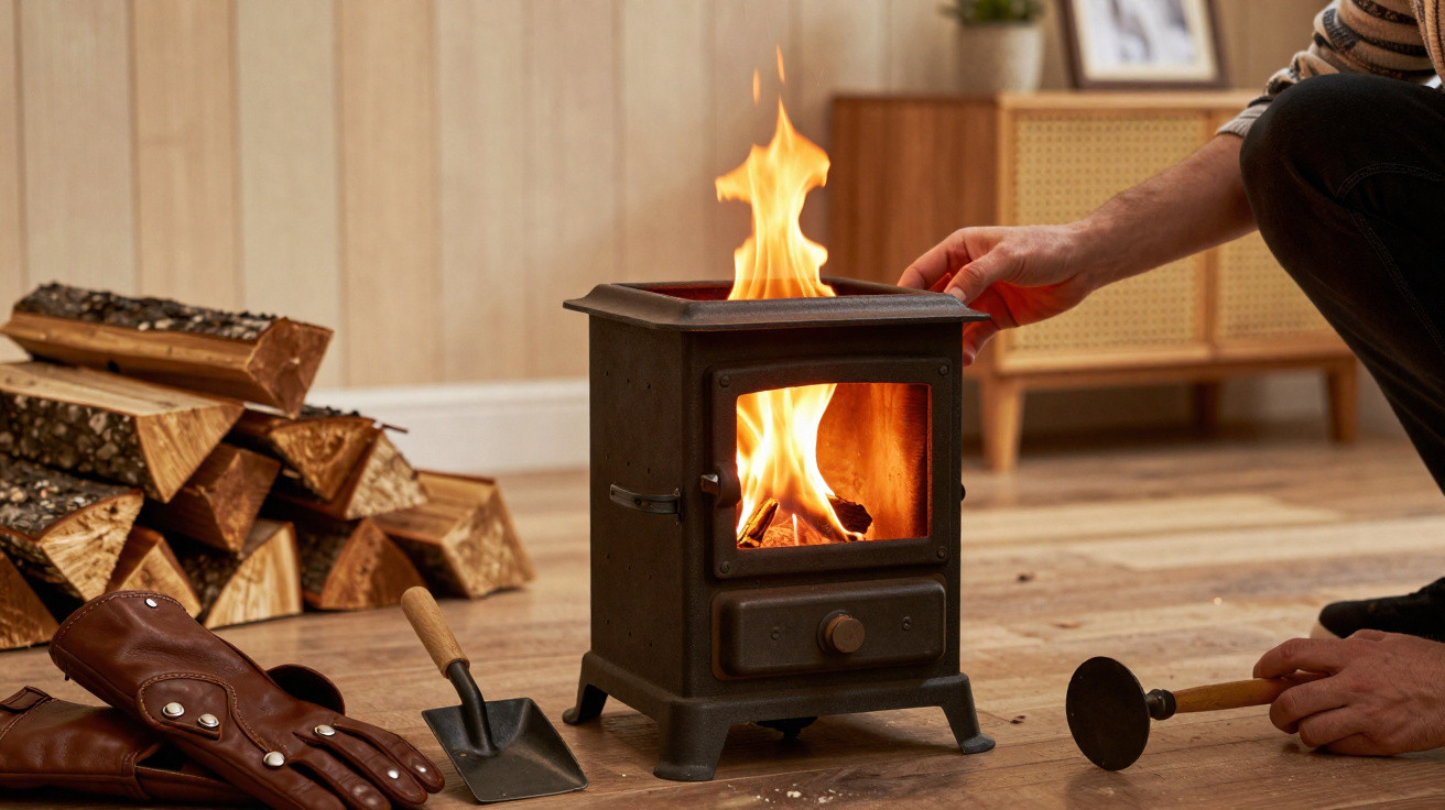 Small black wood-burning stove with visible flames beside stacked firewood and fireplace tools on wooden floor.
