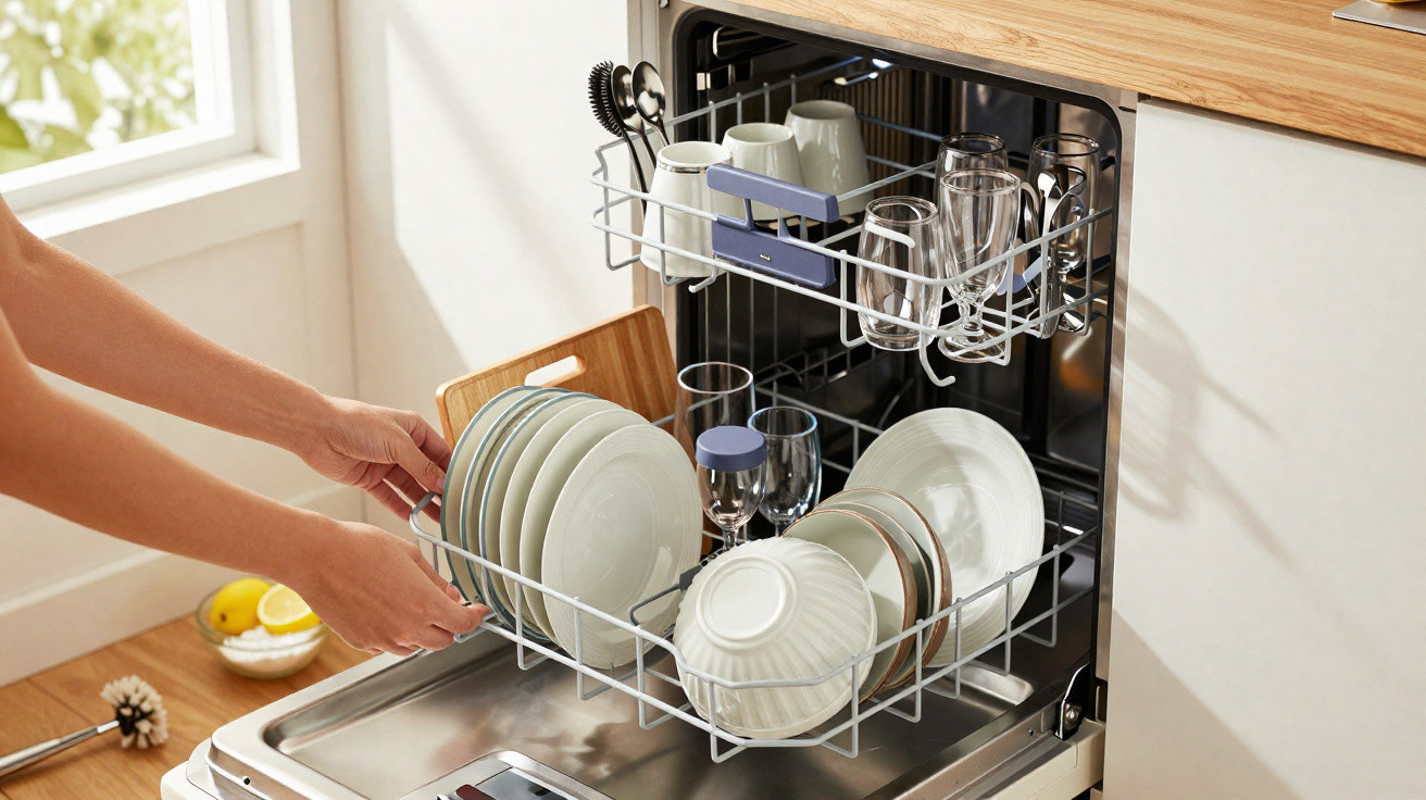 Hands loading clean dishes, bowls, glasses, and cups into an open dishwasher in a bright kitchen.