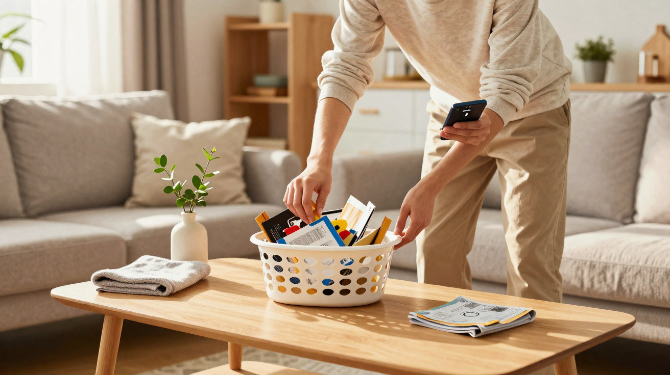 Person picking up a white basket with books and items on a wooden coffee table in a cosy living room.