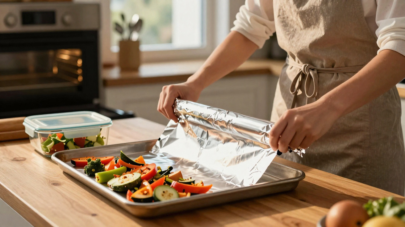 Person covering sliced vegetables on a baking tray with aluminium foil in a kitchen.
