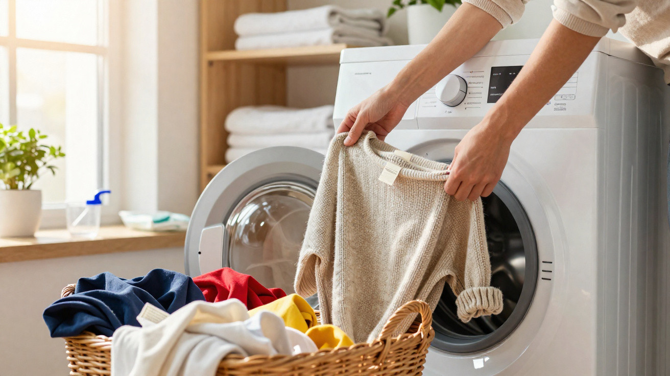 Person loading beige sweater into front-loading washing machine with basket of colourful laundry nearby in bright room