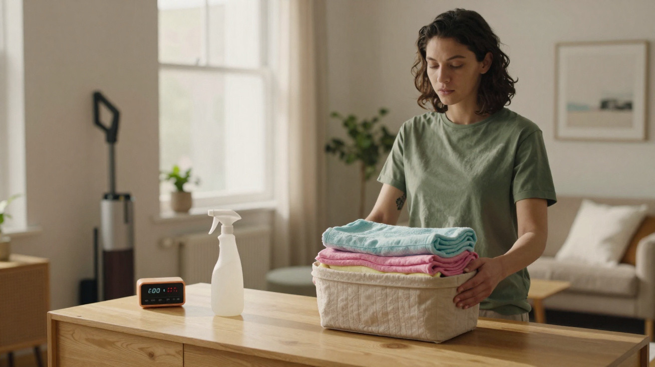 Person folding towels and placing them in a basket on a wooden table in a cozy living room.