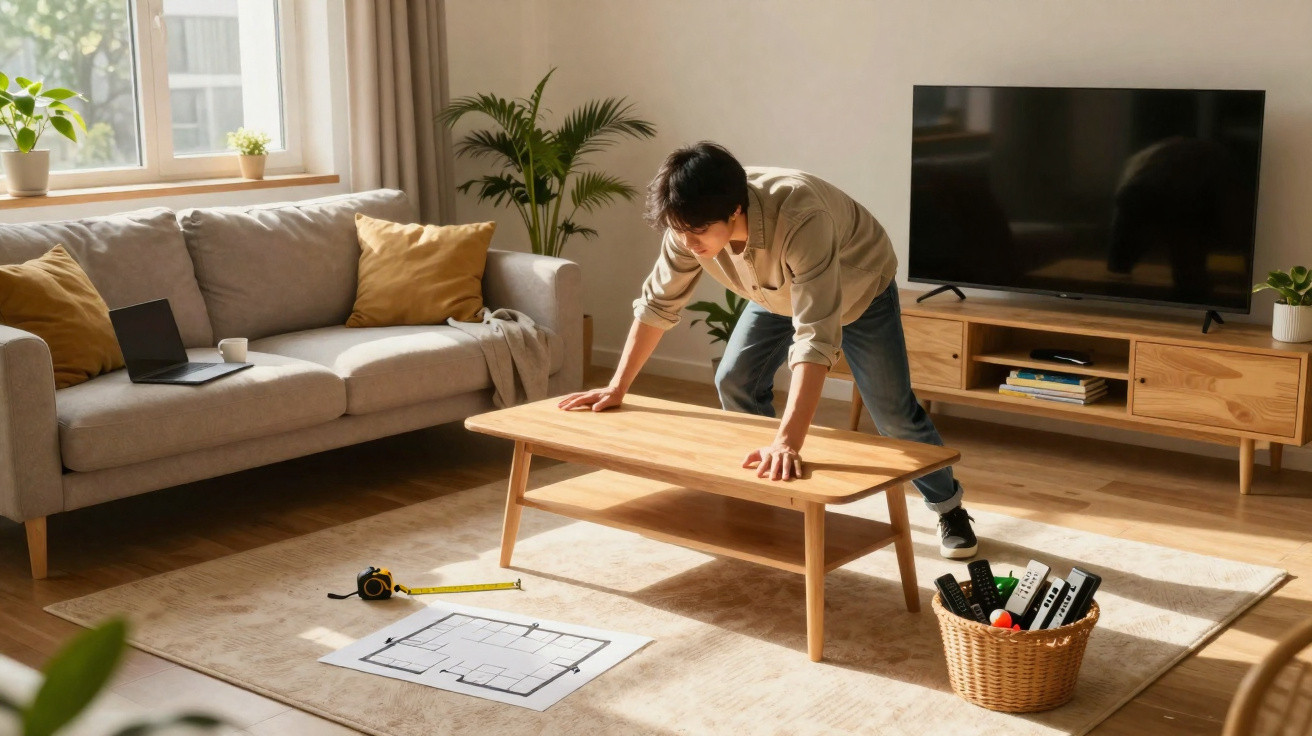 Person assembling a wooden coffee table in a bright, modern living room with a sofa and TV.