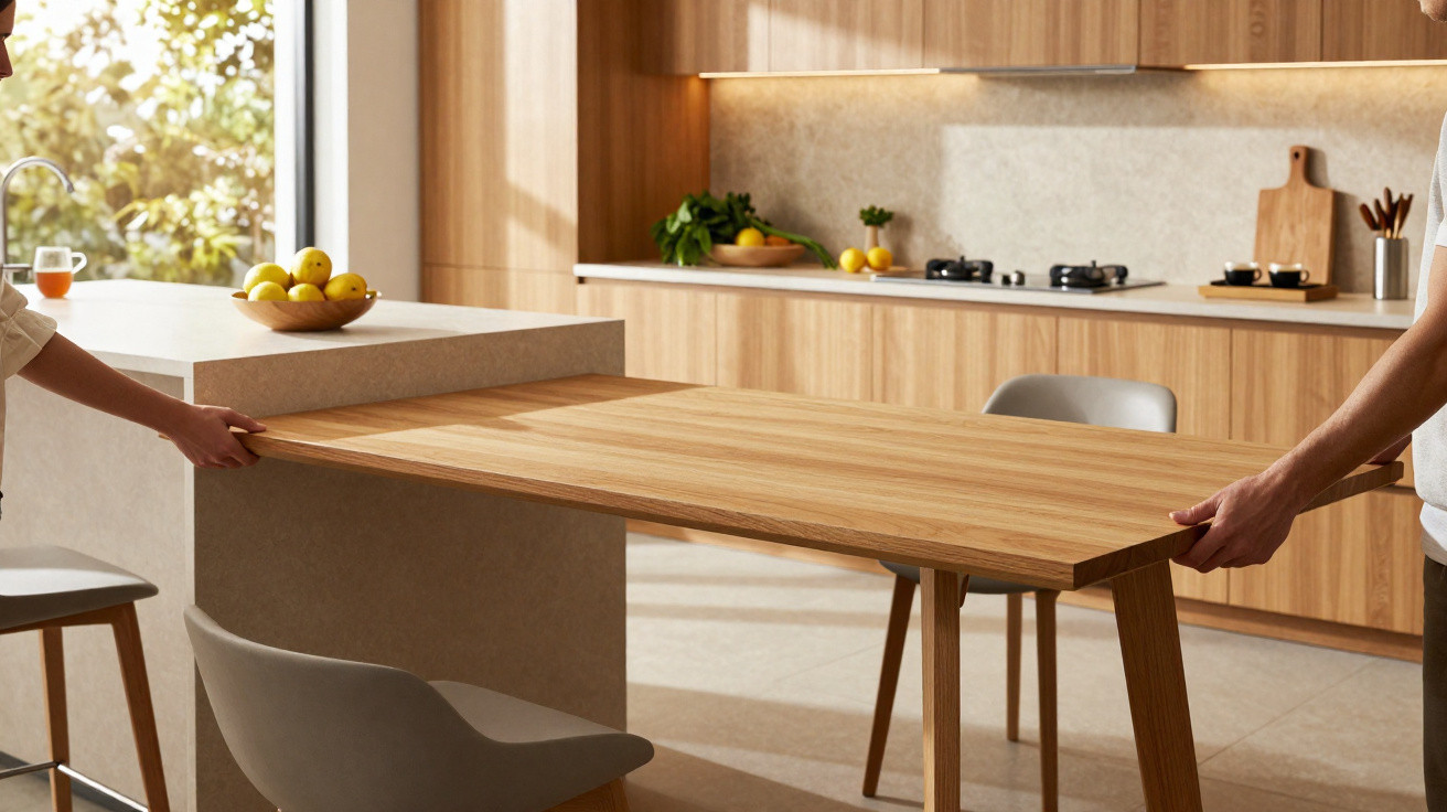 Two people extending a wooden dining table adjoining a kitchen island in a modern kitchen.