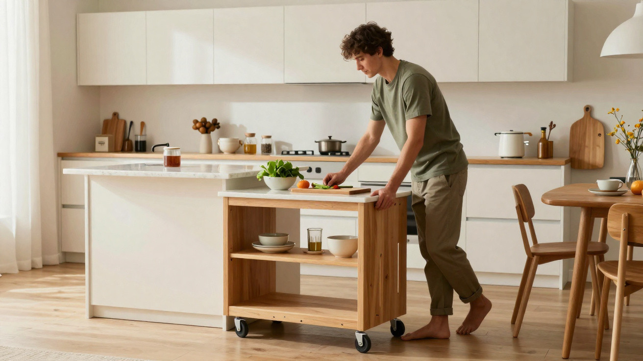 Young man chopping vegetables on a wooden trolley in a bright modern kitchen with white cabinets.