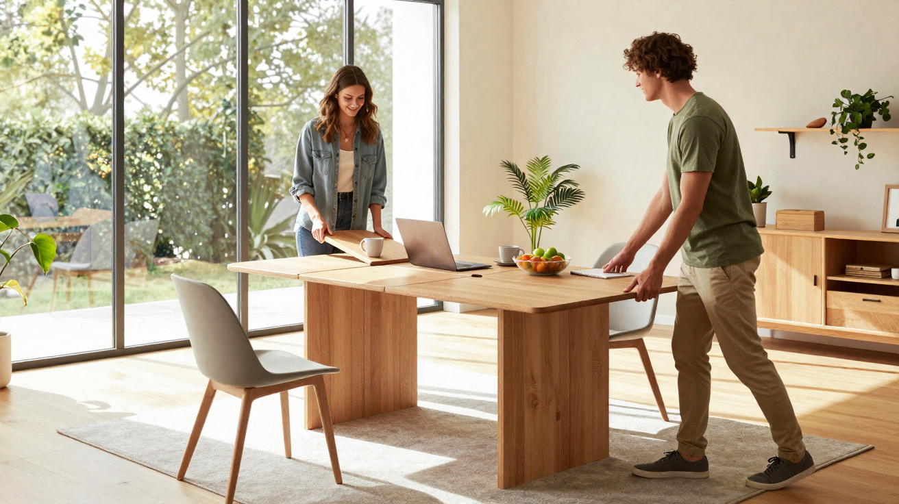 Two people arranging chairs around a wooden table in a bright, modern dining room with large windows.