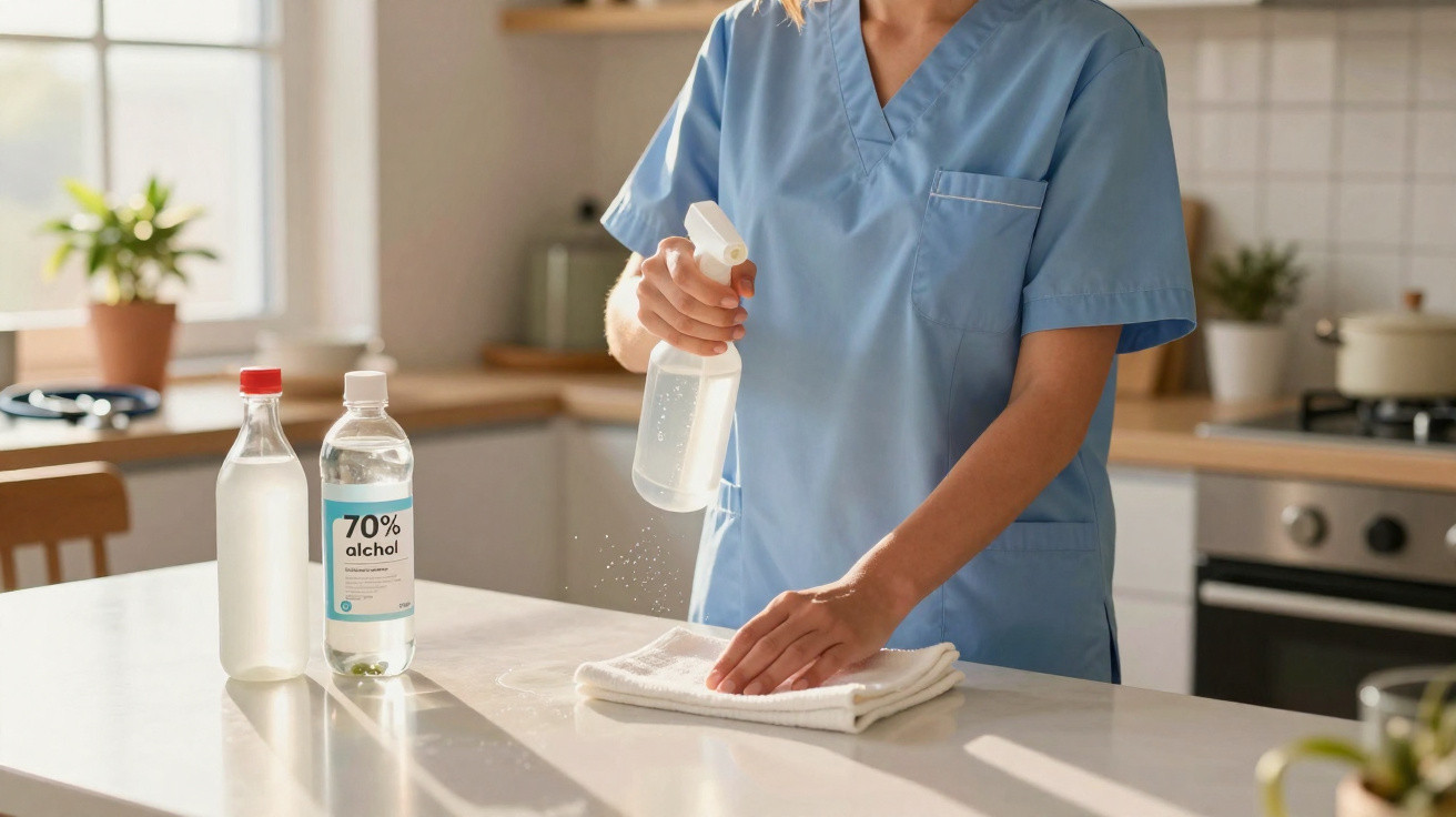 Person in blue scrubs disinfecting a kitchen countertop with spray and cloth, bottles of 70% alcohol nearby.