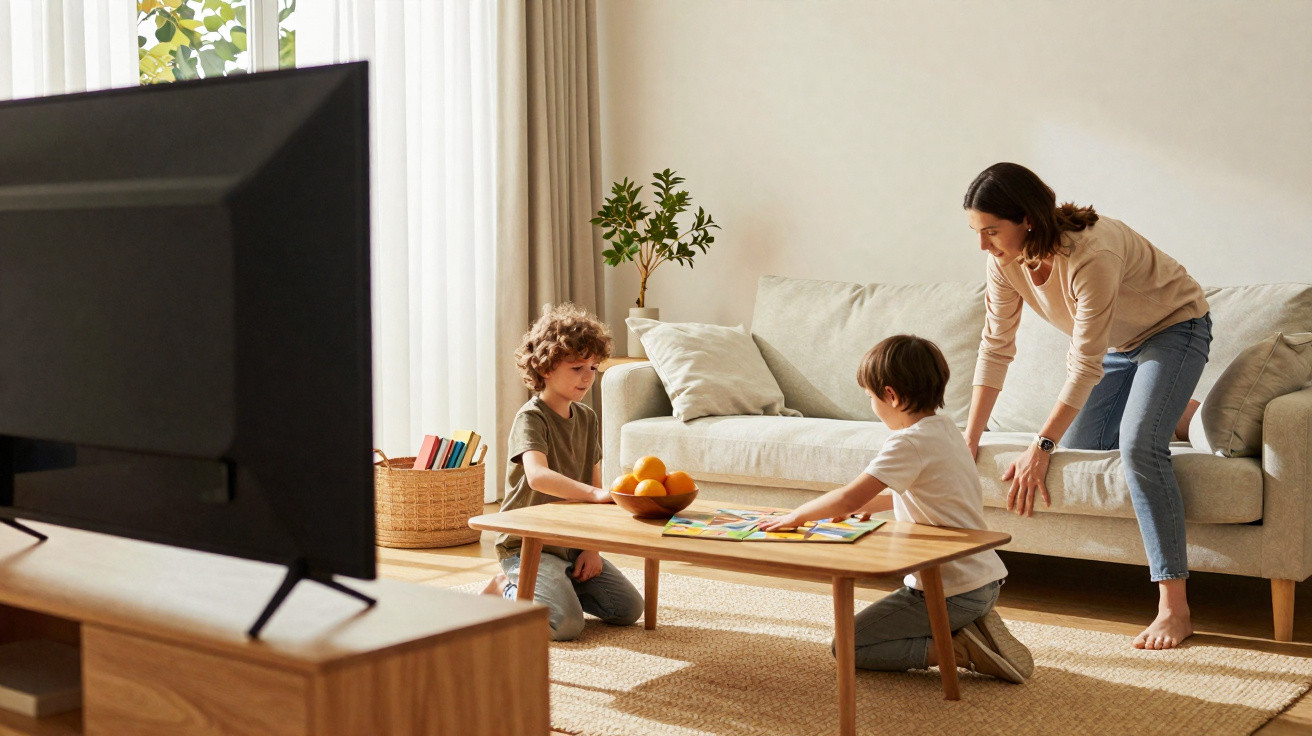 Mother and two children playing a board game on the floor in a bright living room with a large TV.