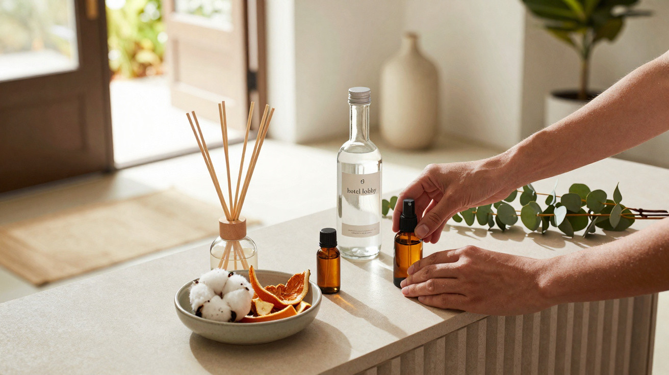 Hands arranging amber essential oil bottles on a countertop with diffuser sticks and dried botanicals nearby.