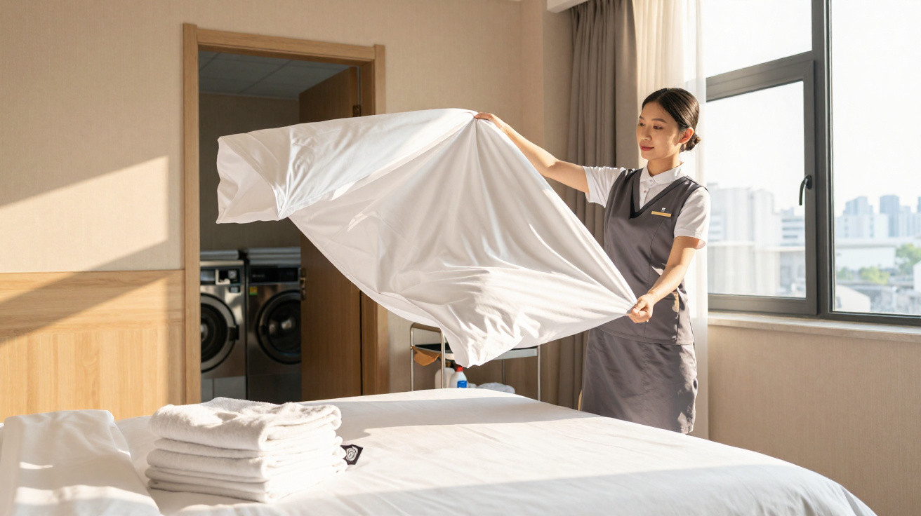 Hotel housekeeper making a bed with white sheets in a bright room with large windows.