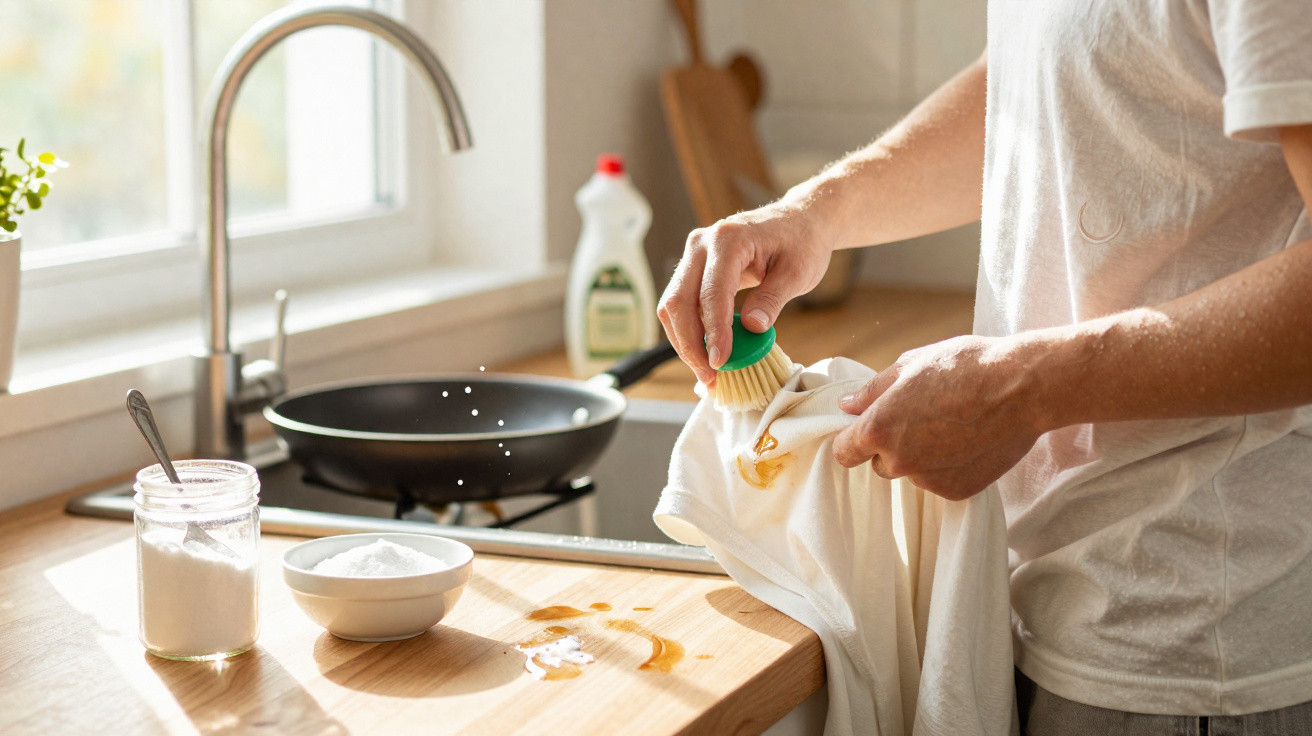 Person scrubbing a sauce stain on a white shirt using a brush in a bright kitchen.