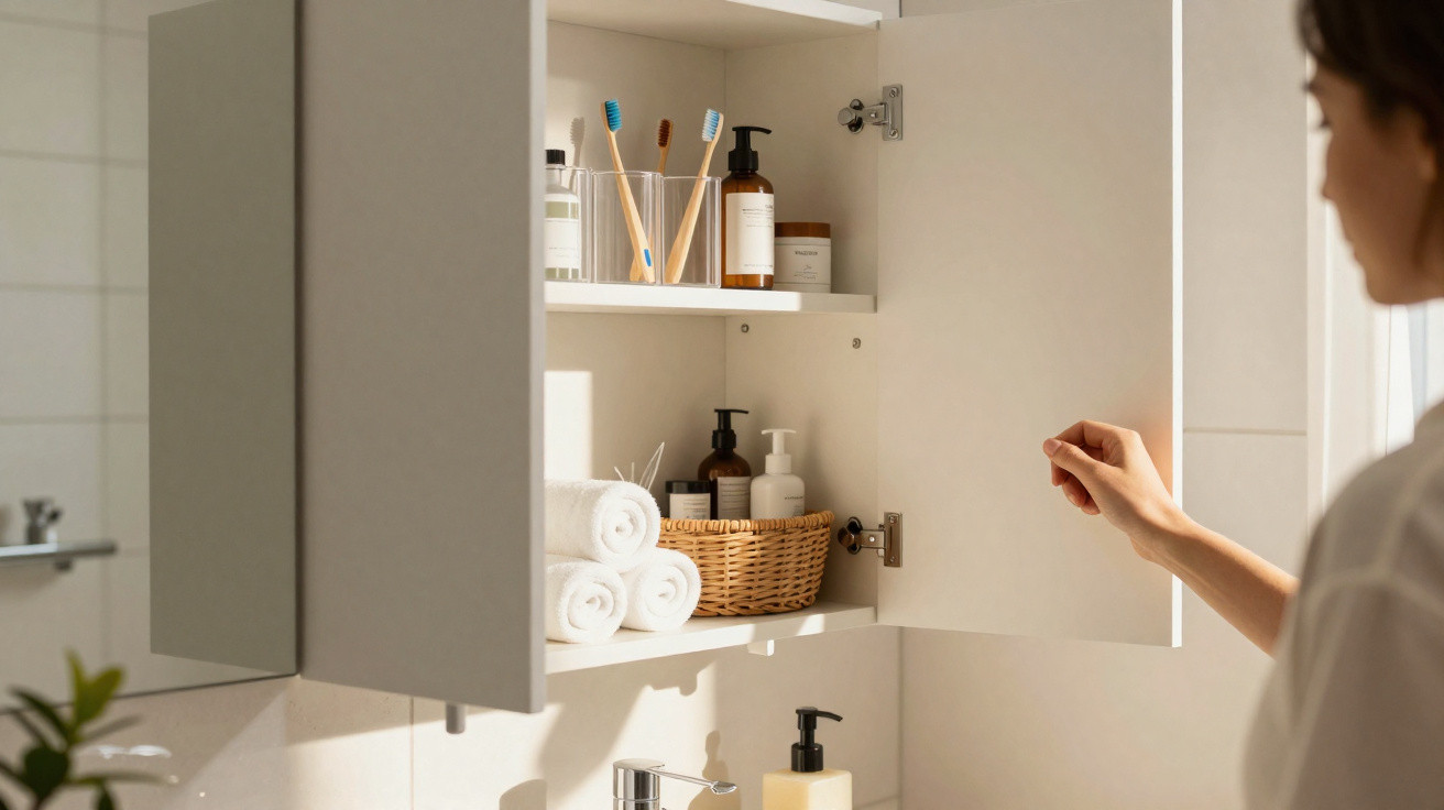 Person opening bathroom cabinet with towels, toothbrushes, and toiletries inside on shelves.