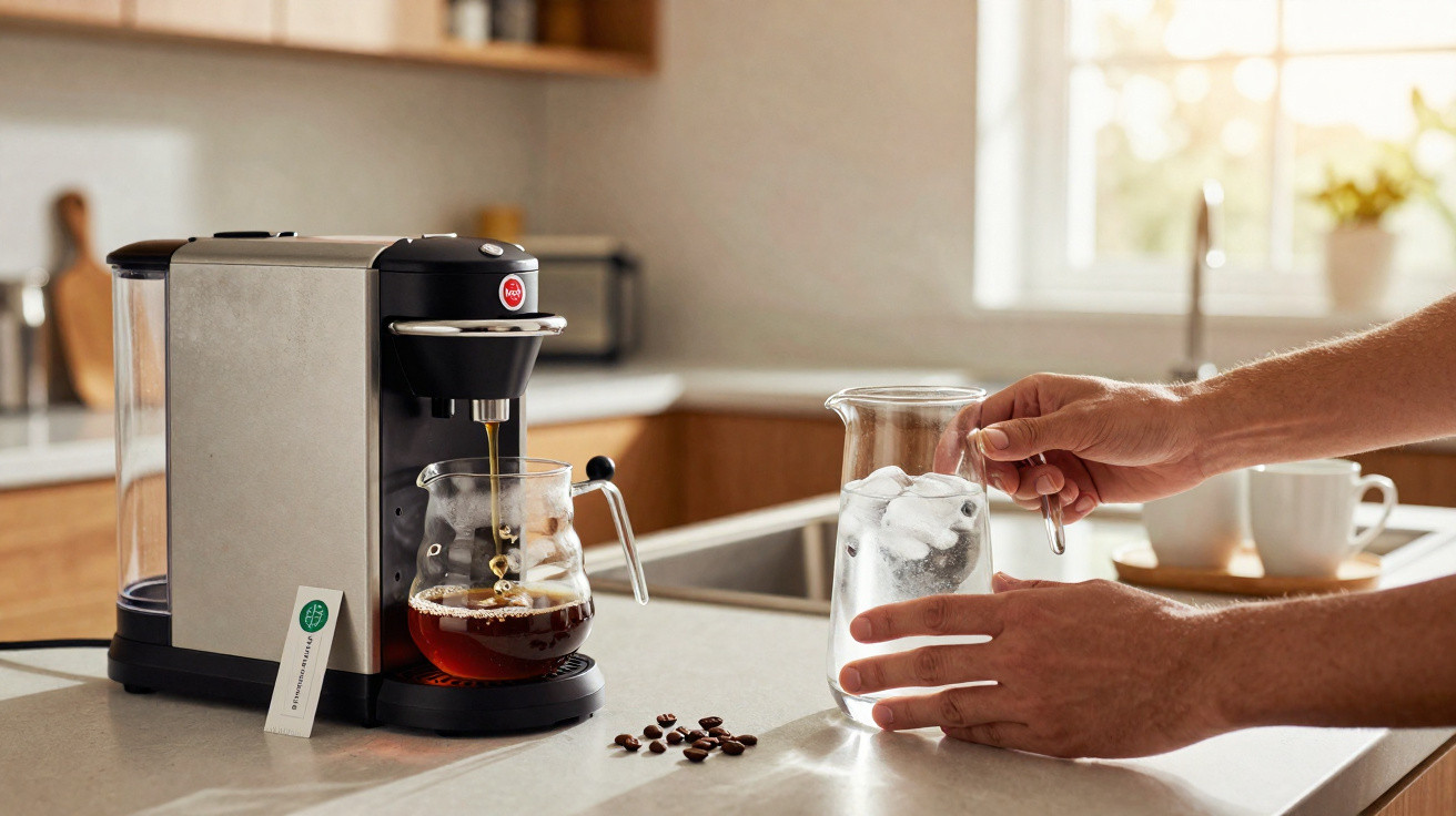 Hands holding a glass jug filled with ice beside a coffee machine brewing coffee into a glass pot on a kitchen counter.