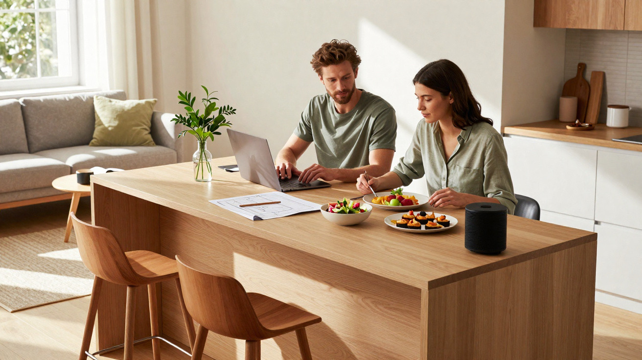 Couple sitting at wooden kitchen island with laptop and eating healthy food in a modern bright home.