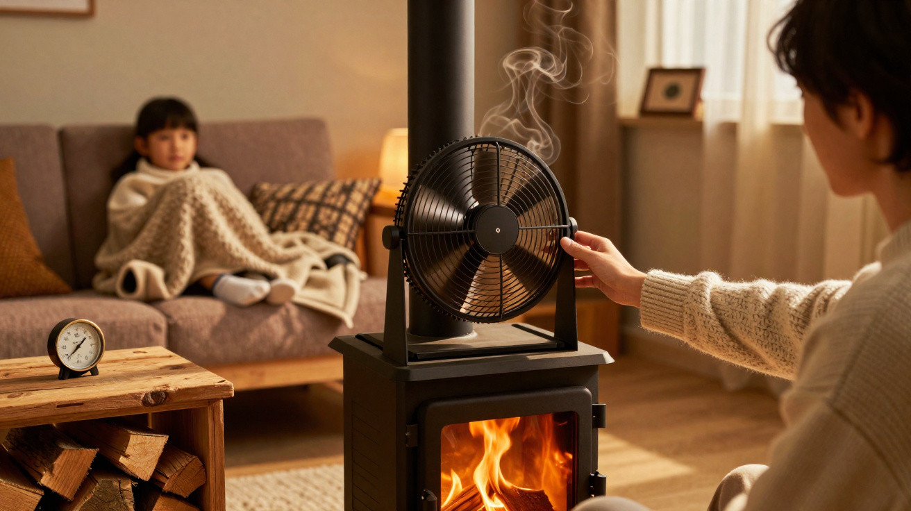 Person adjusting fan on wood stove while child wrapped in blanket sits on sofa in cosy living room.