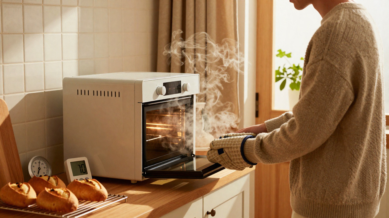 Person wearing oven mitts opening a small oven with steam rising, fresh bread cooling on a rack nearby.