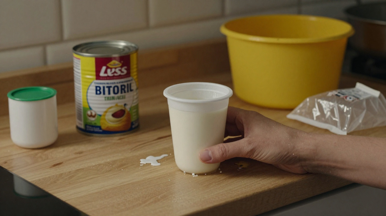 Hand holding a cup of milk with spilled milk on a wooden kitchen counter beside a yellow bowl and canned goods.
